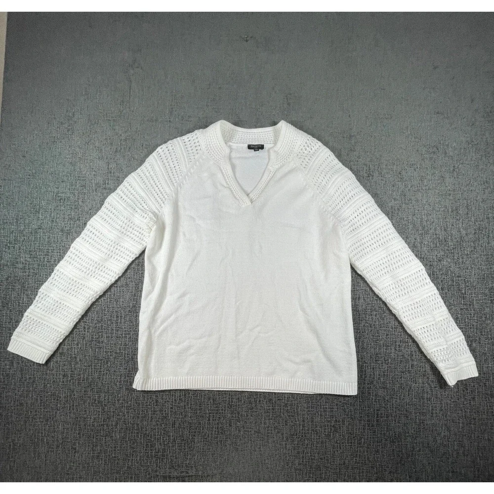 Talbots Petite White Pointelle Raglan Sleeve V-Neck Knit Sweater LP